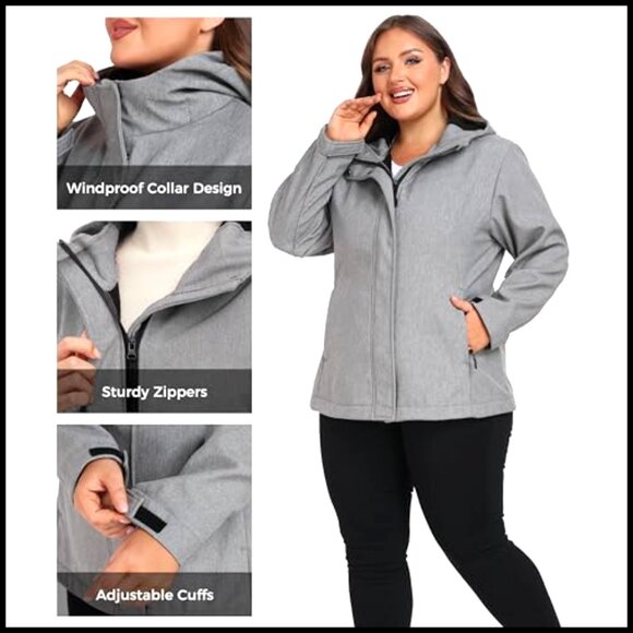 Plus Size Fleece Lined Softshell Jacket Windproof Waterproof Hooded Activewear - Picture 6 of 7